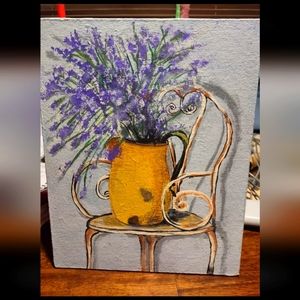 Lavender on a chair , acrylic painting.